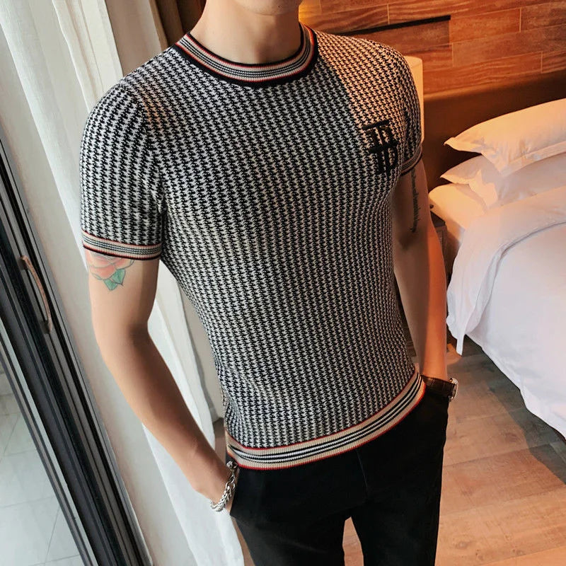 Estilo britânico mil pássaros verificar camiseta masculina novo bordado fino de malha t camisa masculina o-pescoço homme clube social outfits topo t