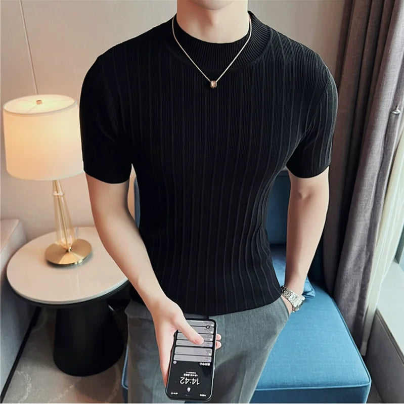 Camisola de malha de manga curta, camiseta elástica, gola redonda, slim fit, meia manga coreana, camiseta listrada, novo, verão, 6 cores, 2024