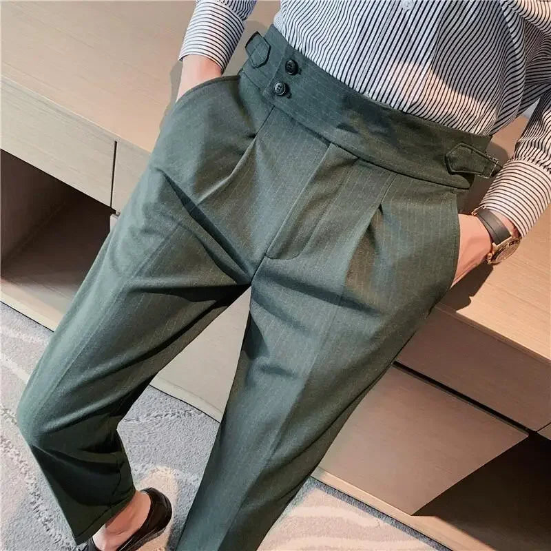 Estilo britânico outono novo vestido de cintura alta calças homens cinto design listras terno fino calças formal casamento festa social calças masculinas