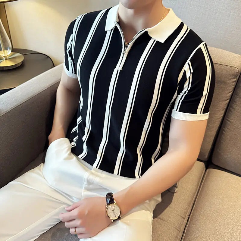 Verão vintage listrado fino ajuste polos camisas meio zíper design casual manga curta camiseta de seda gelo roupas masculinas de alta qualidade