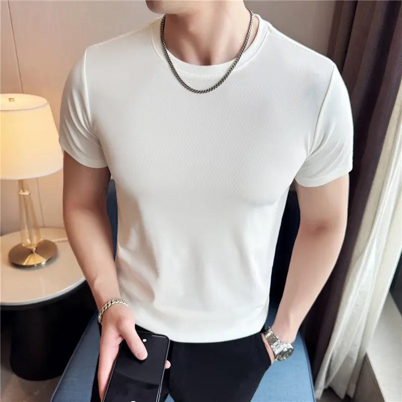 Verão fino gelo seda elástica cor sólida t camisa masculina manga curta fino ajuste gola redonda casual respirável camiseta roupas masculinas