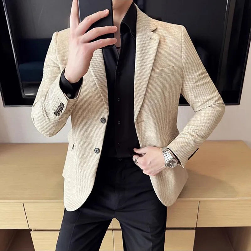 Seda brilhante mil pássaro grade terno jaqueta estilo coreano moda de negócios fino ajuste único breasted masculino festa social vestido casacos