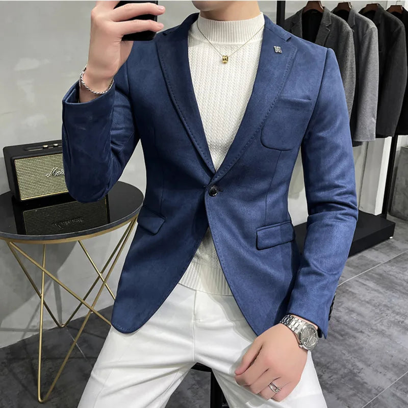 Jaqueta de couro de camurça masculina, blazer casual slim fit, terno de roupas masculinas, 6 cores