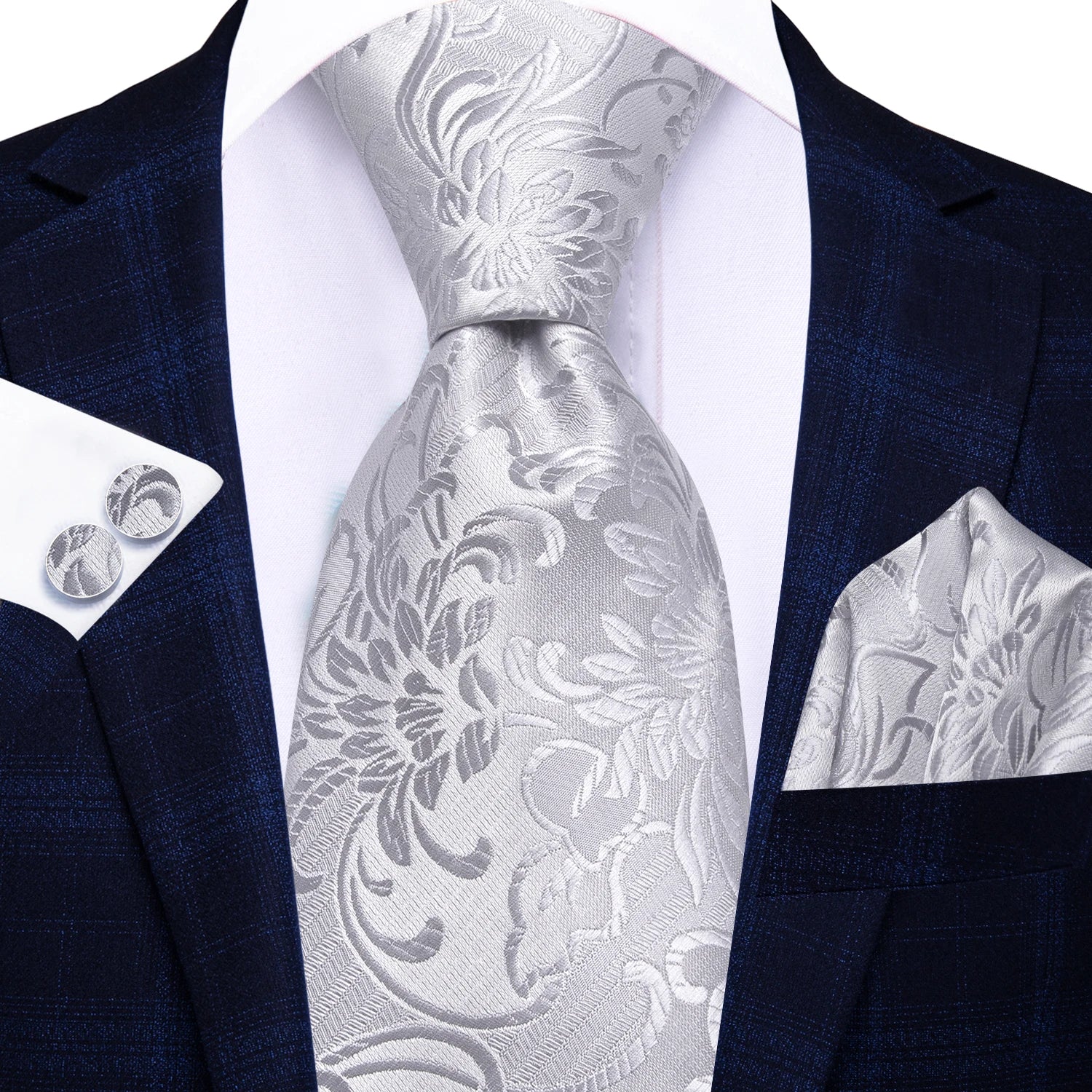 Hi-tie masculino elegante gravata lenço abotoaduras 3 pçs conjunto xadrez azul claro para smoking moda clássico seda luxo gravata para homem
