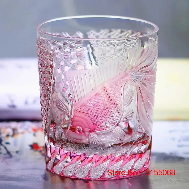 Copo de vinho dourado de cristal rosa, eq kiriko, escultura requintada, copo de uísque, brandy, snifter, licor, uísque, rock, dropship