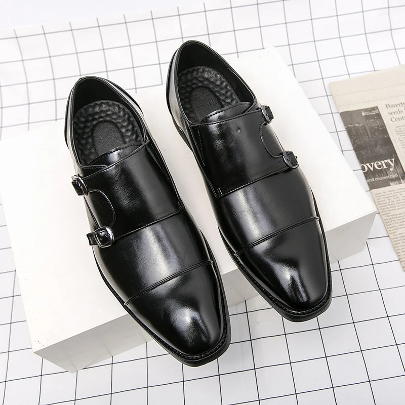 Sapato de couro de salto baixo apontado masculino, marca clássica, versátil, escritório, negócios, casual, formal, grande, tamanho 38-48