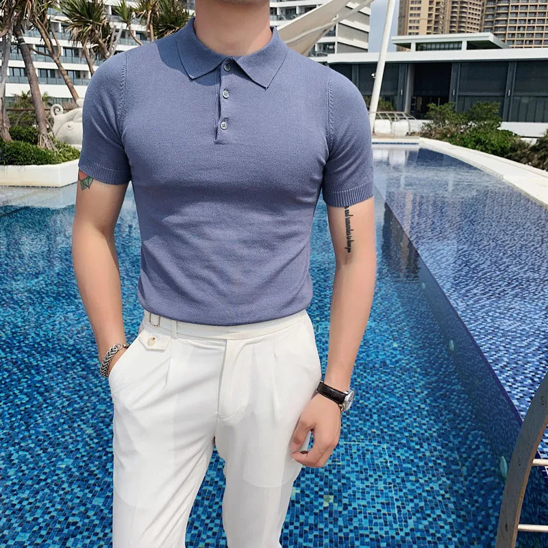 Camisa polo de manga curta Slim Fit masculina Polos de cor sólida, roupas formais de negócios casuais, novas marcas de moda, verão, 2022