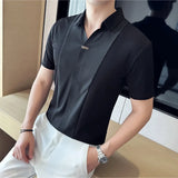 Preto/branco verão alta elástica com decote em v polo camisas masculinas waffle emenda gelo seda sem costura camiseta 2023 casual solto topos t