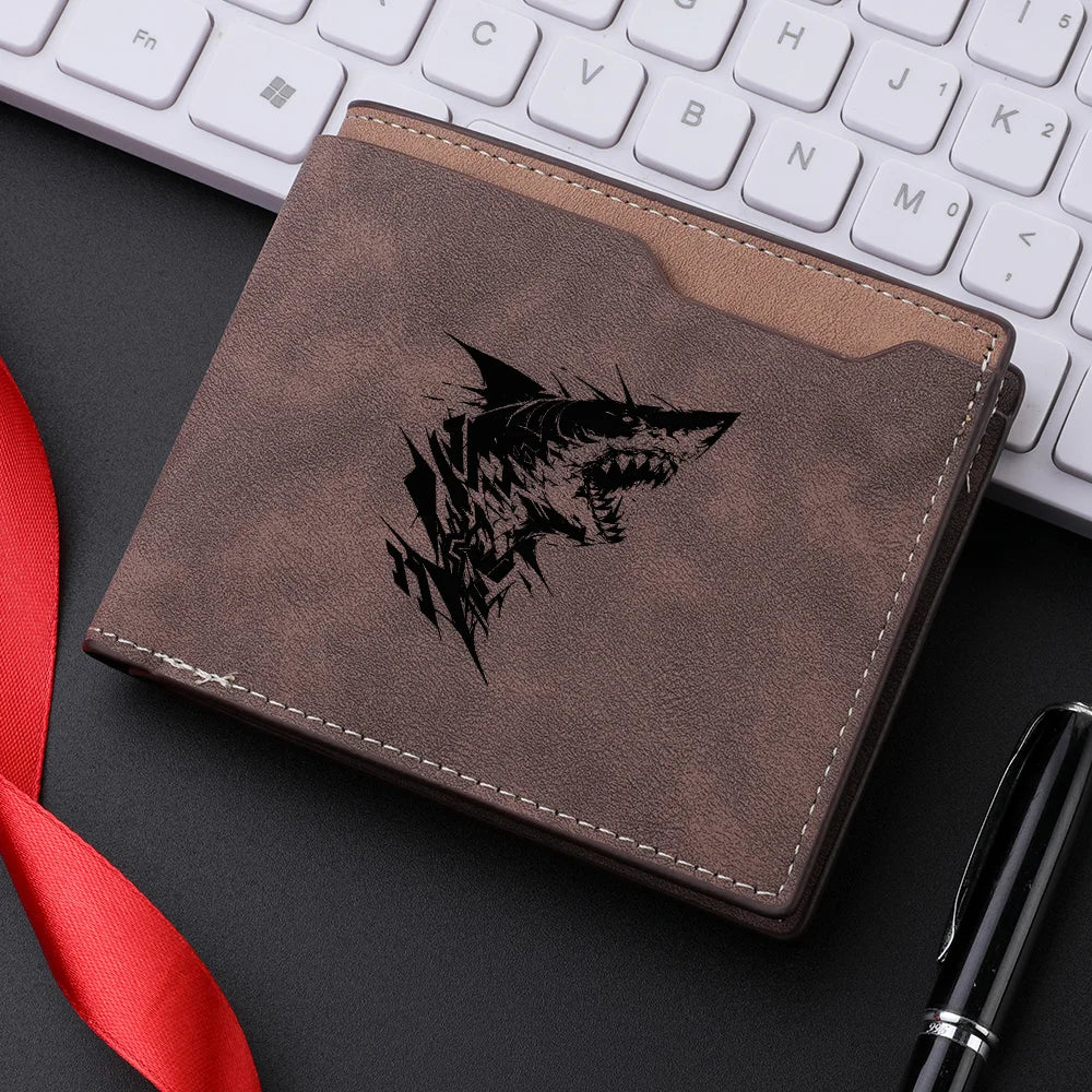 Carteira curta masculina com padrão de tubarão couro PU retrô design casual carteira com slot para vários cartões para jovens estudantes