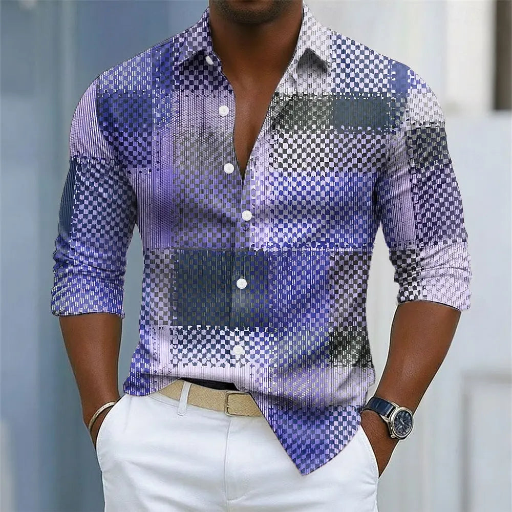 Camisa masculina geométrica cor bloco grade xadrez padrões camisa botão acima camisa de manga longa moda casual outono impressão 3d camisas de colarinho