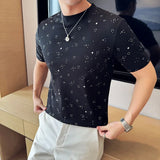 Camiseta casual com gola em O masculina, luxo coreano, elástica, manga curta, fina, design de diamantes, elegante, festa, verão