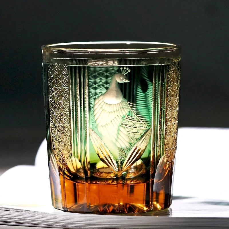 Edo Kiriko Copo de vinho, Verde, Azul, Handmade, Copo de uísque, Gravura do pavão, Beber copo, Estilo japonês, Luxo