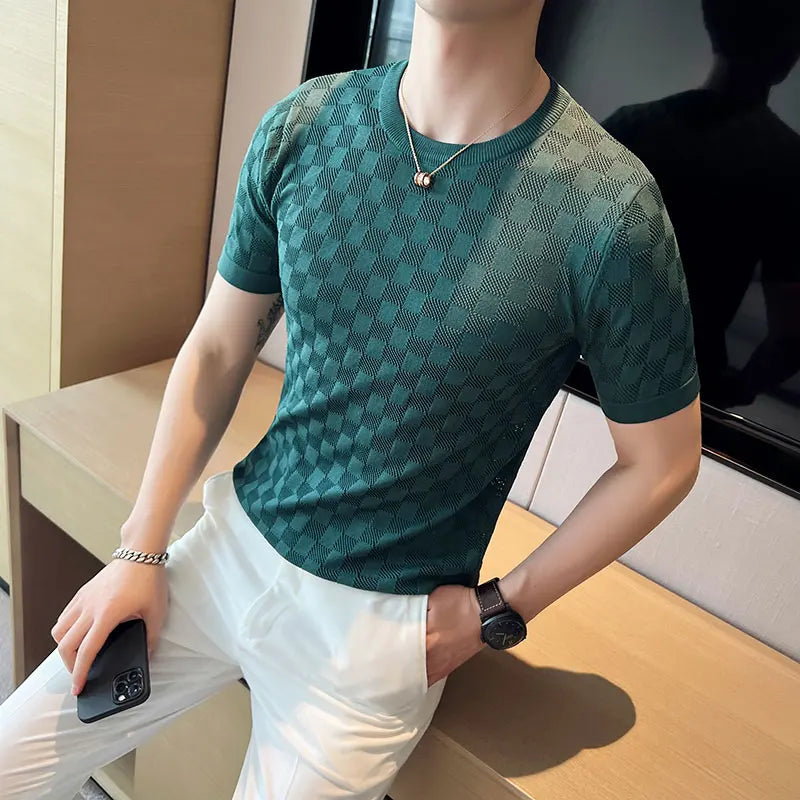 Camiseta de malha transparente masculina de malha, alta elasticidade, manga curta com gola em O, camiseta oca, camiseta xadrez casual masculina, verão 2022