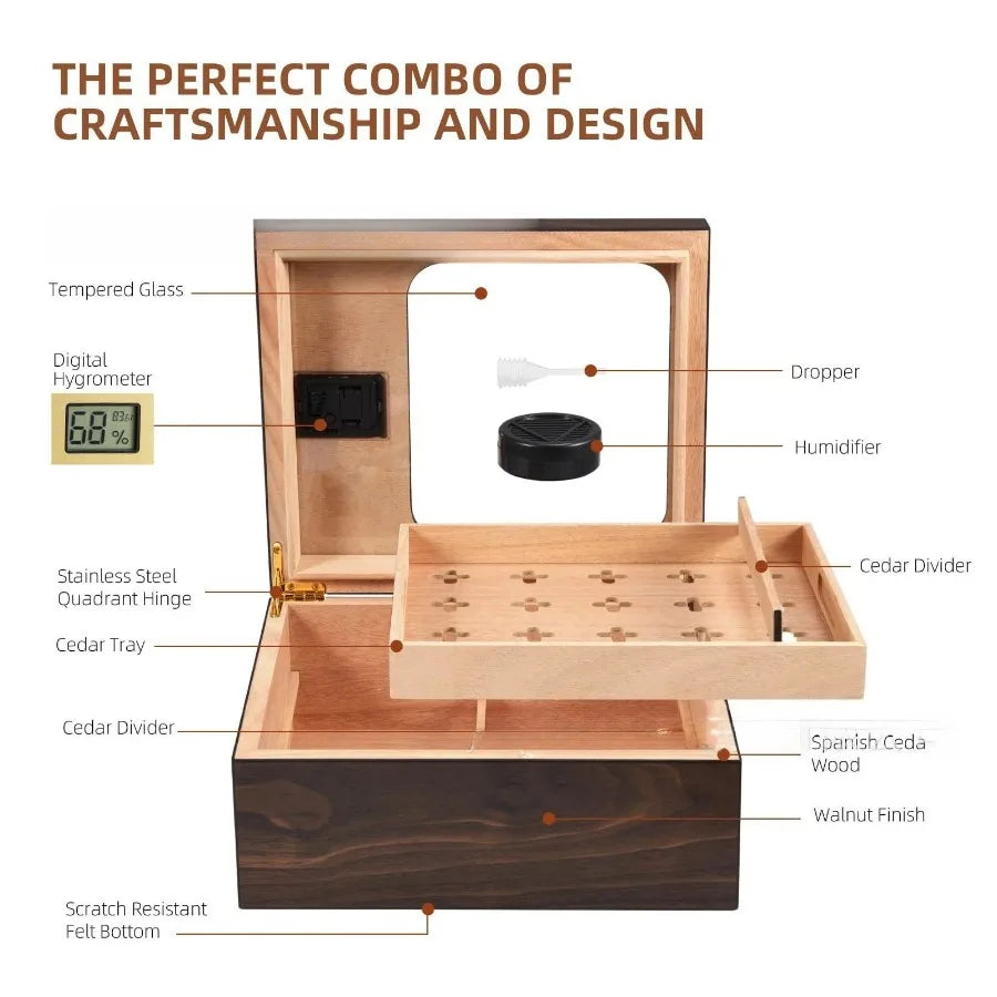 Umidificador de charutos de madeira elegante portátil caso de charuto umidificador higrômetro titular de charuto ideal para armazenamento de charutos acessórios para fumar