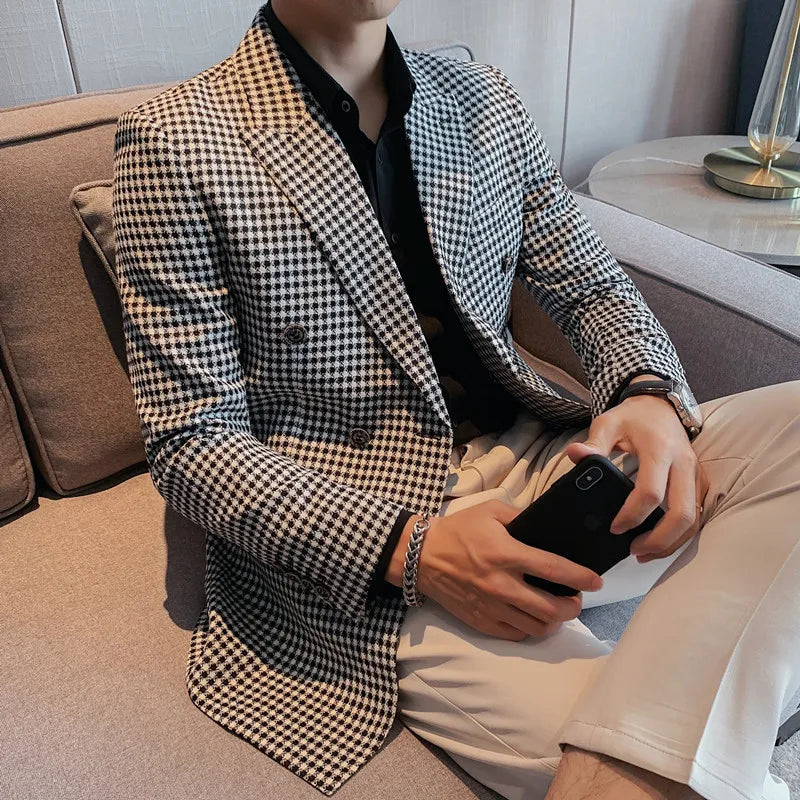 Estilo britânico fino ajuste houndstooth blazer para homens 2023 moda duplo breasted negócios escritório vestido de casamento terno jaqueta