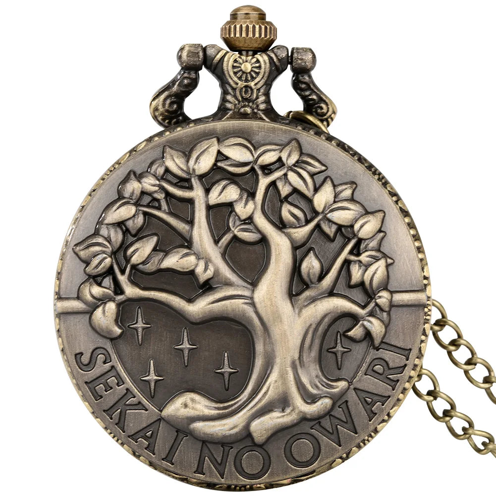 Árvore da vida padrão de bronze esboço tinta pintura dial vintage relógio de bolso com corrente antigo colar relógio de quartzo para homens