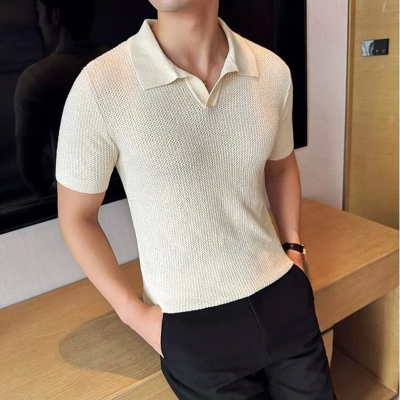 Camisa polo masculina de malha curta, camiseta casual, gola V, ajuste fino, respirável, malha, elasticidade, verão