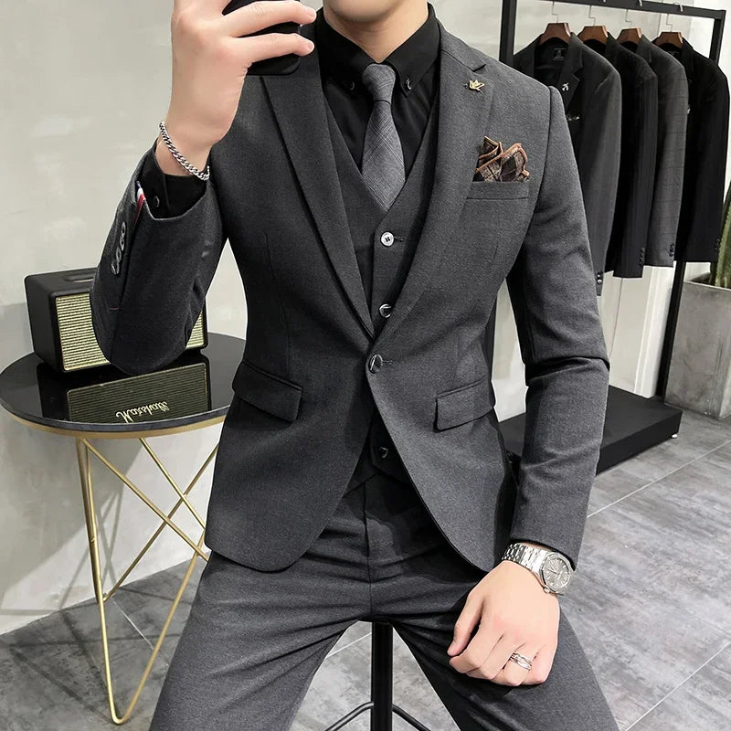 (Jaqueta + colete + calça) plus size 7xl-s masculino coreano fino ajuste noivo casamento negócios casual smoking masculino trabalho terno social 3 peças
