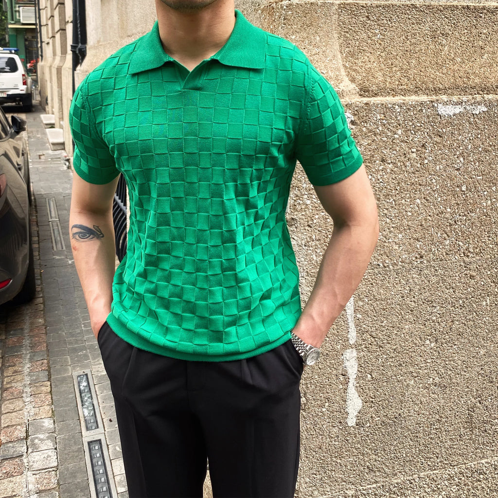Camisas polo xadrez de malha masculina, camiseta de lapela, manga curta, gola em v, elástica, justa, casual, de negócios, social, verão, 2022