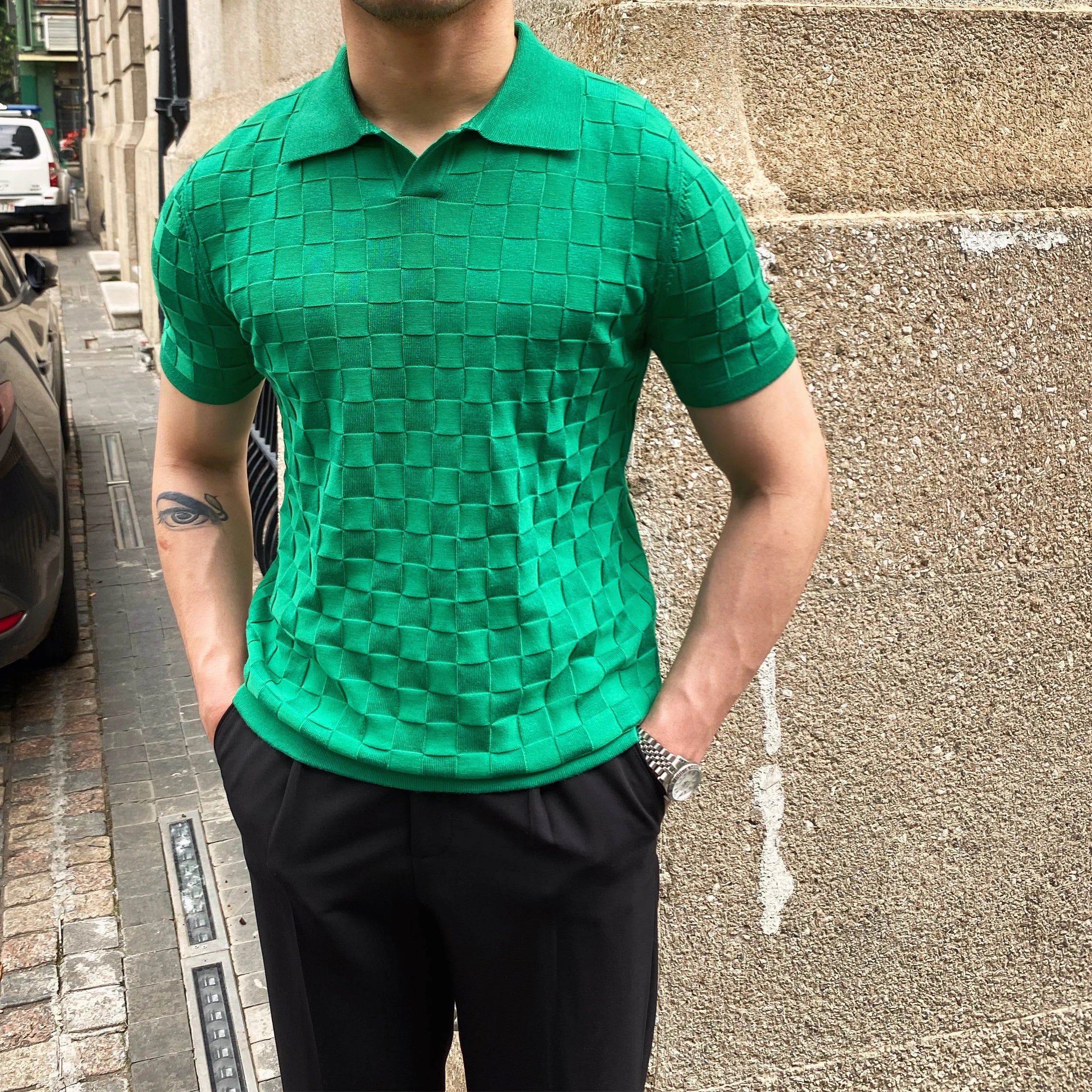 Camisas polo xadrez de malha masculina, camiseta de lapela, manga curta, gola em v, elástica, justa, casual, de negócios, social, verão, 2022