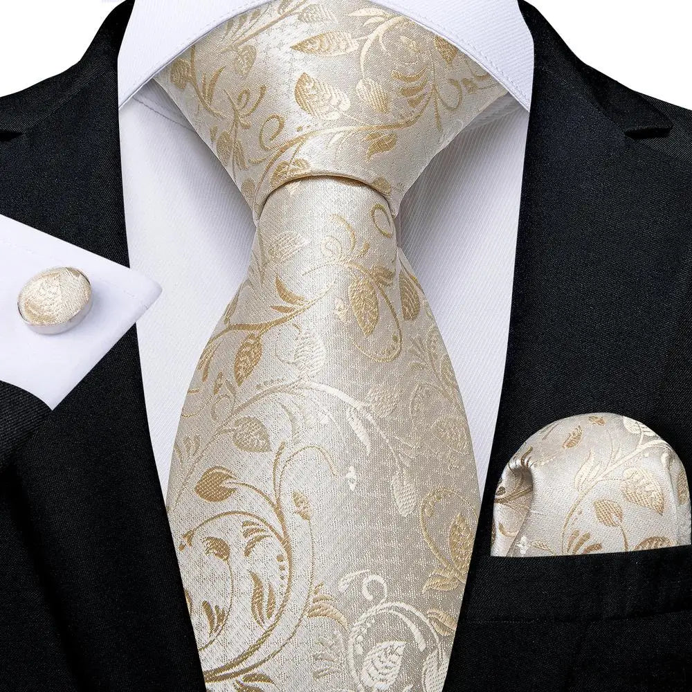 Hi-tie floral champanhe marfim masculino elegante gravata lenço abotoaduras para smoking moda clássico seda gravata de luxo para homem