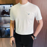 Bolso no peito design em torno do pescoço camiseta 2025 verão novos versatiles fino ajuste cor sólida manga curta casual t camisas preto/branco