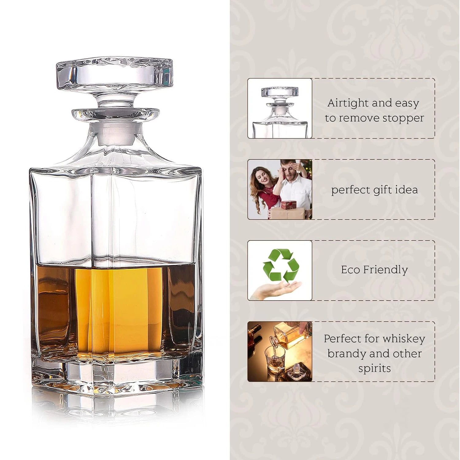 Decantador de vidro - Decantador de uísque para vinho, Bourbon, brandy, licor, suco, água, enxaguatório bucal (25,4 onças/750ml)