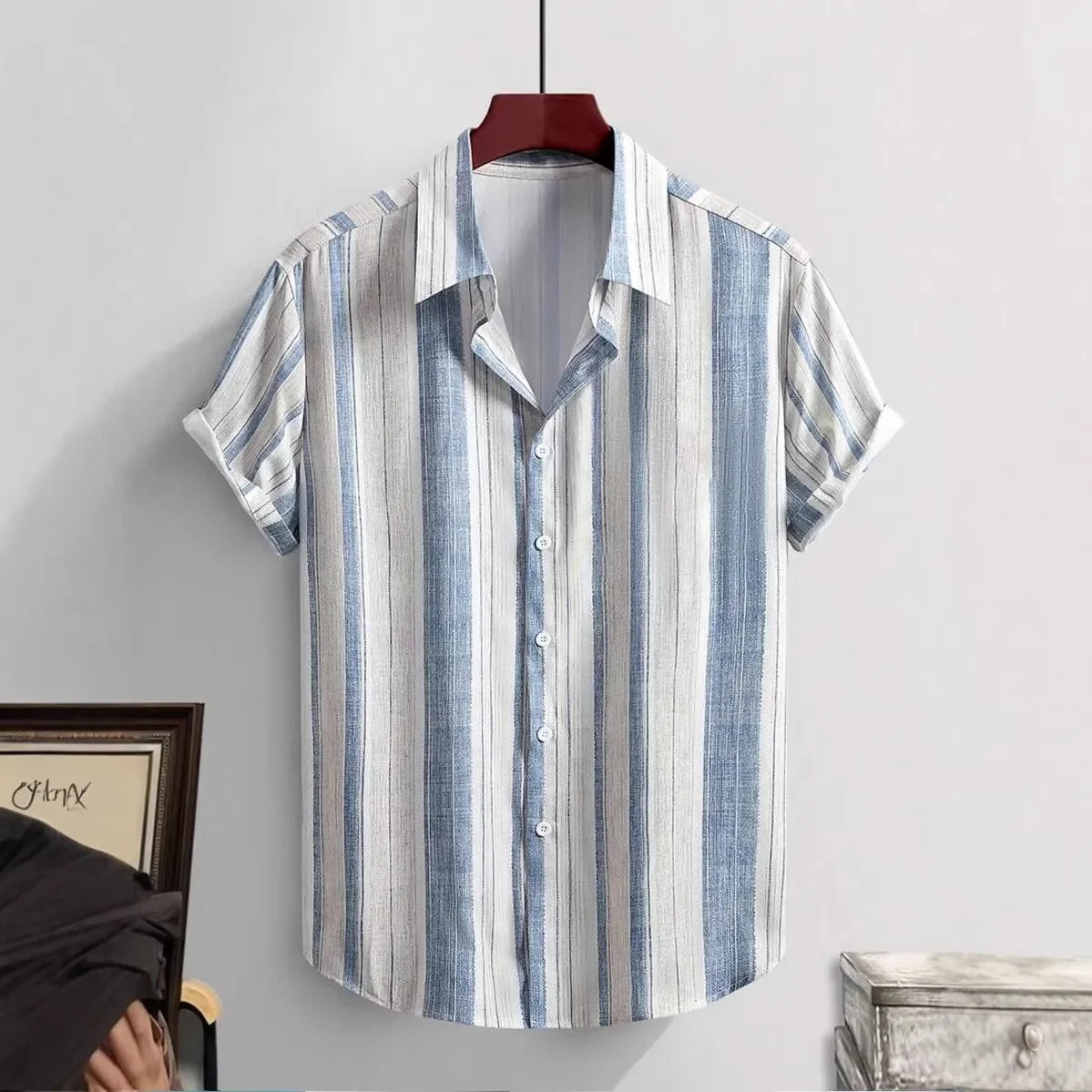 Primavera verão novas roupas masculinas manga curta 3d impressão digital botão camisa masculina estilo simples listra lapela camisa topos
