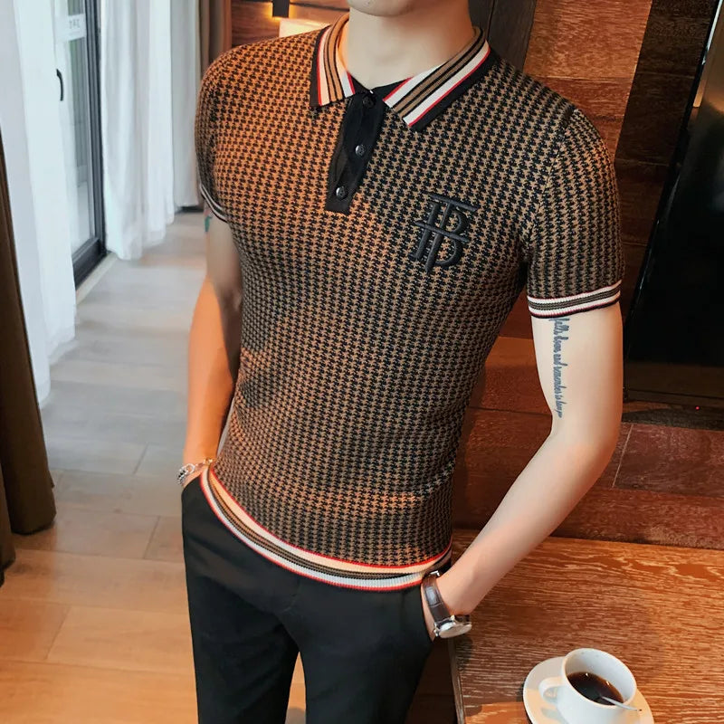 Estilo britânico verão lapela manga curta de malha camisa polo roupas masculinas 2022 houndstooth bordado fino ajuste camisa casual