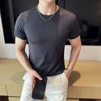 Verão fino gelo seda elástica cor sólida t camisa masculina manga curta fino ajuste gola redonda casual respirável camiseta roupas masculinas