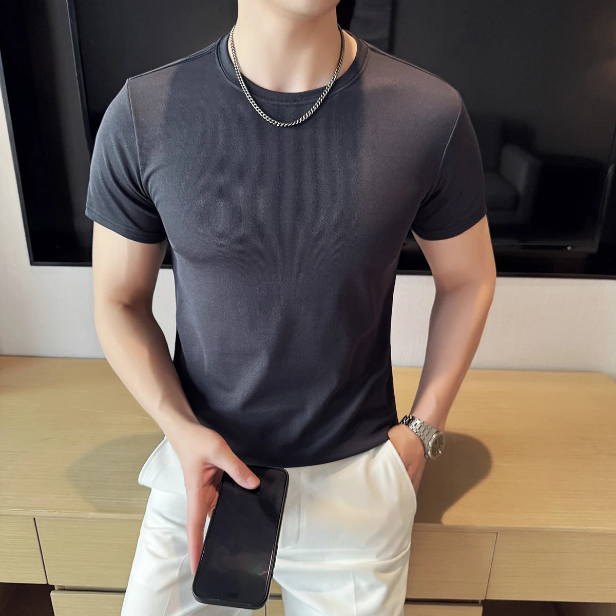 Verão fino gelo seda elástica cor sólida t camisa masculina manga curta fino ajuste gola redonda casual respirável camiseta roupas masculinas