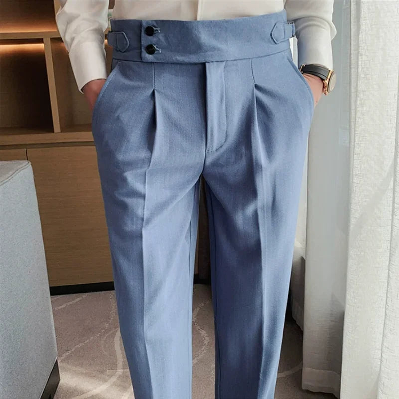 Estilo britânico outono novo vestido de cintura alta calças homens cinto design listras terno fino calças formal casamento festa social calças masculinas