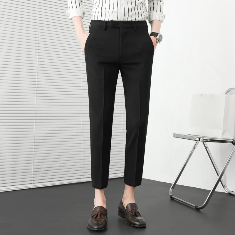 Verão nova cor sólida negócios calças casuais masculino fino ajuste social terno pant formal escritório tornozelo comprimento calças streetwears 36-29