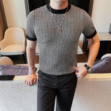 Outono novo xadrez tripulação pescoço casual manga curta camiseta de alta qualidade camisola de malha topos streetwear social casual camiseta