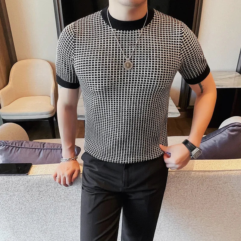 Outono novo xadrez tripulação pescoço casual manga curta camiseta de alta qualidade camisola de malha topos streetwear social casual camiseta