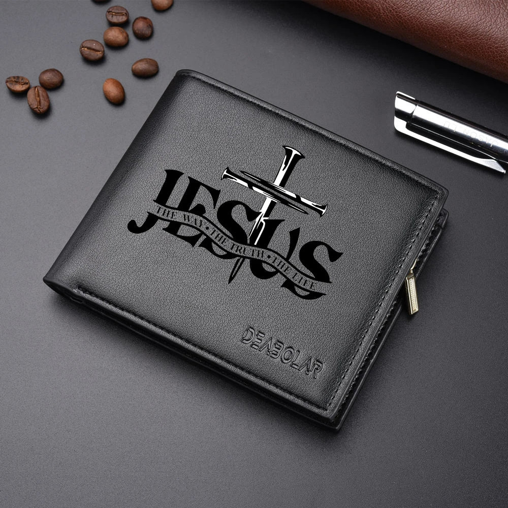 Carteira curta masculina negócios retro jesus padrão multi-slot para cartão zíper moeda bolso carteira masculina de alta qualidade