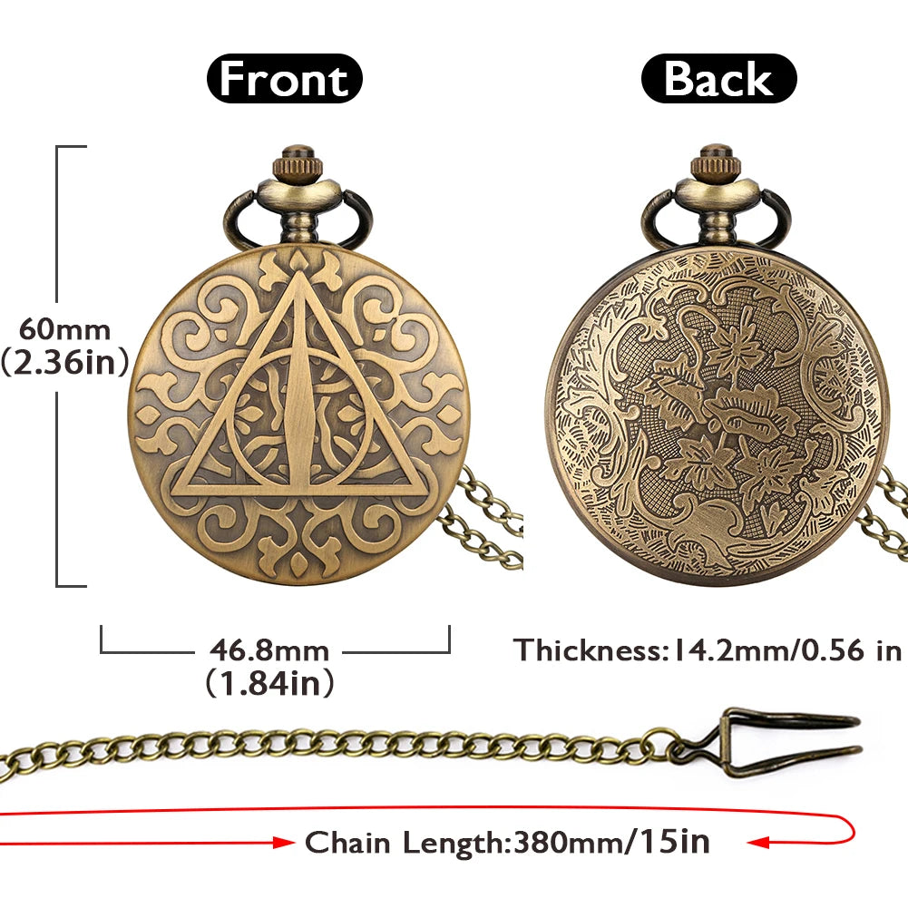 Vintage Triangle Legend Bronze Pattern Quartz Pocket Watch, Analógico Fob Chain, Antique Gift, Charming Pendant, Homens e Mulheres