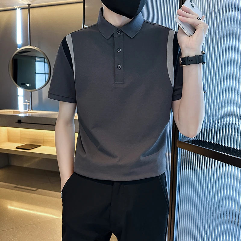 2025 verão nova emenda cor manga curta polos camisa de alta qualidade dos homens seda gelo fino ajuste casual camiseta roupas masculinas 4xl