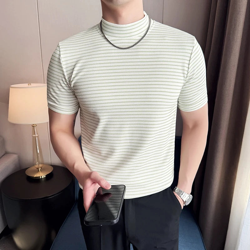Moda listra masculina camisetas verão meia alta pescoço fino ajuste casual versátil respirável t camisa pulôver roupas masculinas 4xl-m