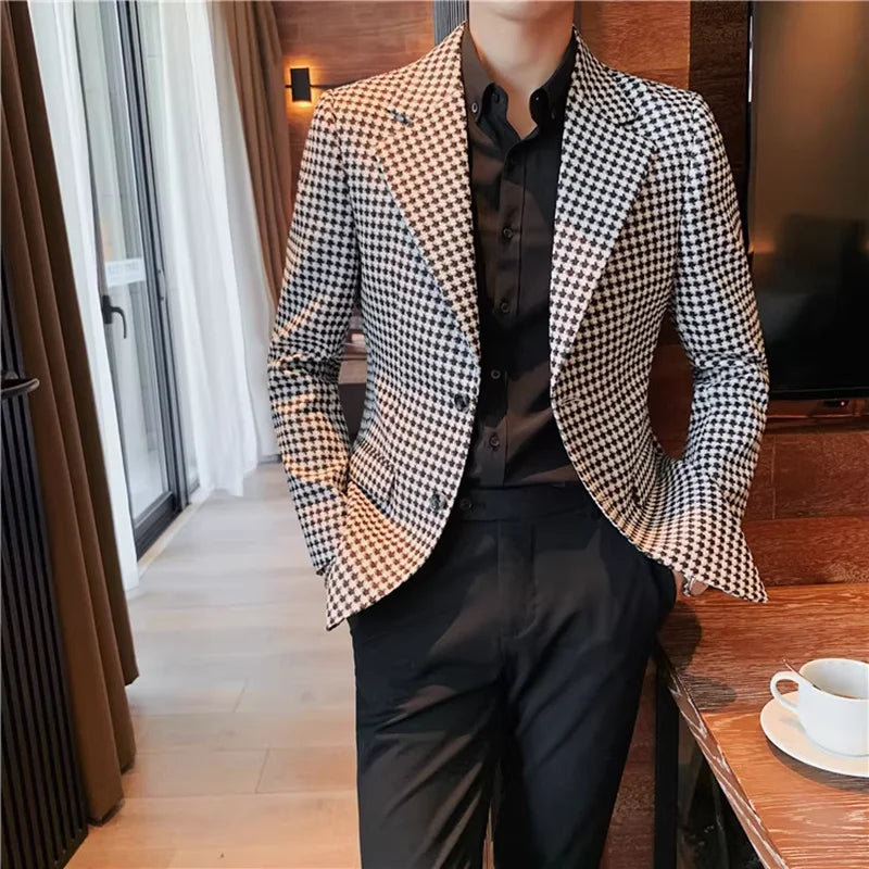Estilo britânico novo fino ajuste xadrez terno casacos 2025 moda masculina negócios escritório vestido de casamento terno jaqueta tailcoat roupas masculinas