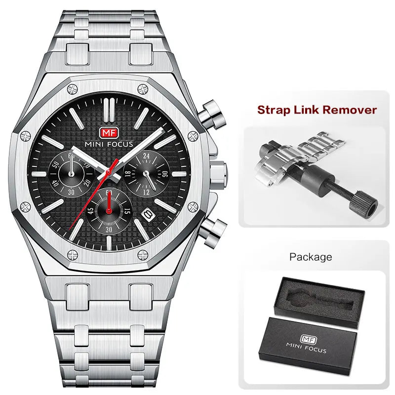 Mini foco novo relógio de quartzo de negócios para homens moda à prova dwaterproof água cronógrafo relógio de pulso luminoso com pulseira de aço inoxidável data