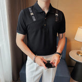 Estilo britânico Verão Manga Curta Lapela Polo Camisas Para Homens 2023 Nova Personalidade Alça de Ombro Social Slim Fit T-shirt Tops