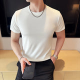 Verão fino gelo seda elástica cor sólida t camisa masculina manga curta fino ajuste gola redonda casual respirável camiseta roupas masculinas