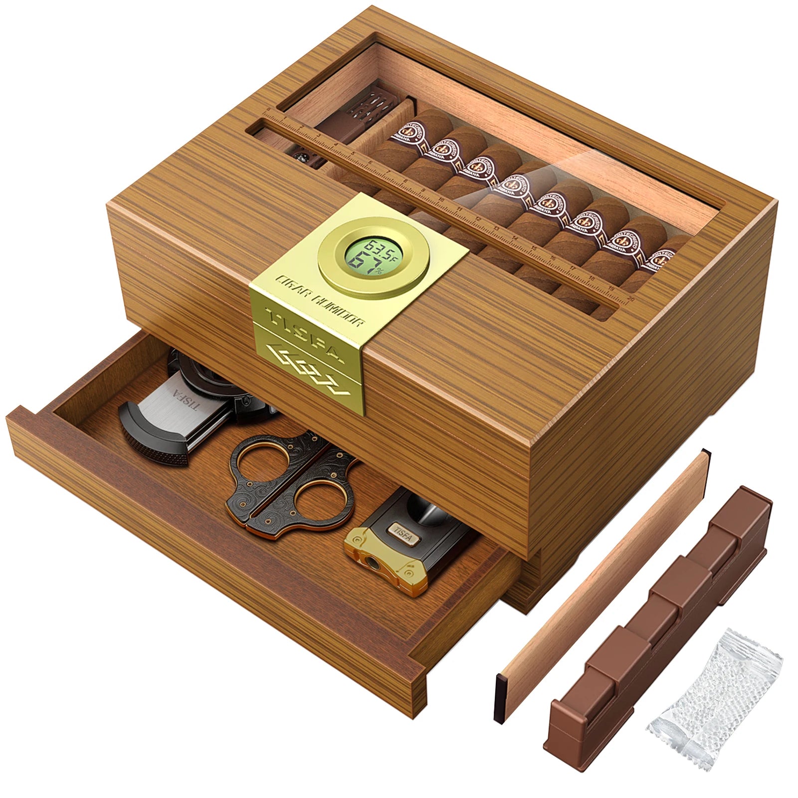 Umidificador de caixa de charuto com higrômetro e umidificador, caixa de madeira de cedro com gaveta, divisor, medidor de comprimento, presente de caixa de umidificador de mesa