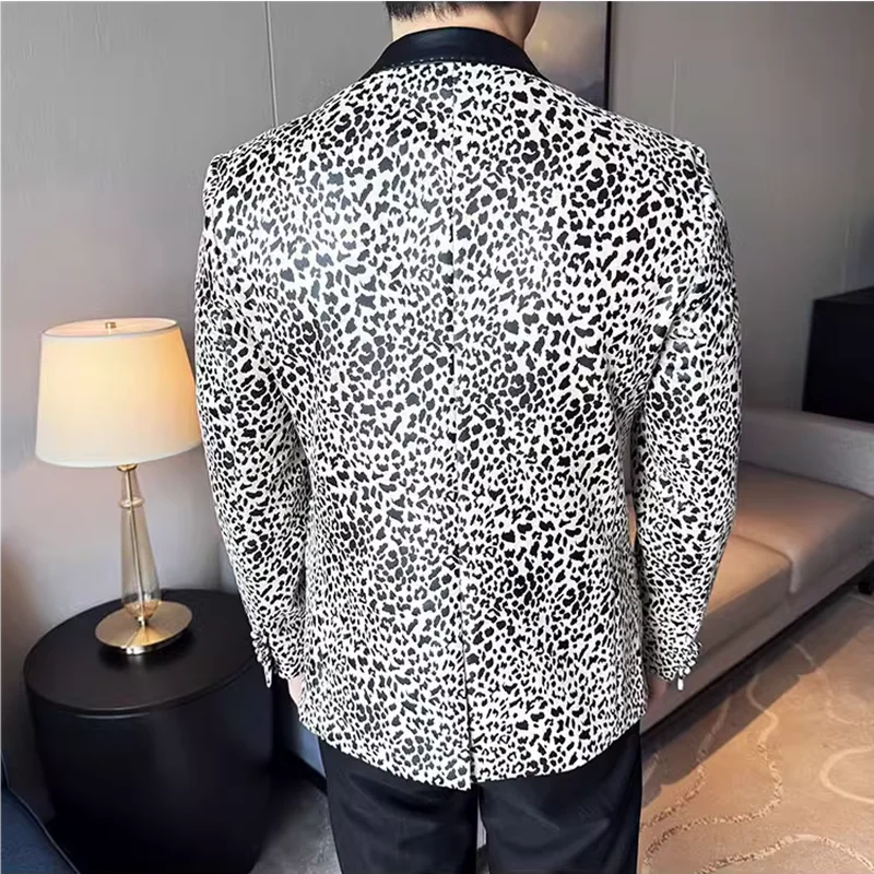 Emenda de couro pescoço casual terno jaqueta moda leopardo negócios masculino fino ajuste social formal blazers casamento noivo smoking
