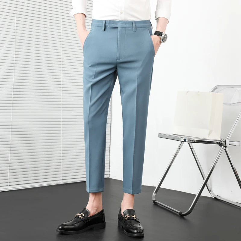 Verão nova cor sólida negócios calças casuais masculino fino ajuste social terno pant formal escritório tornozelo comprimento calças streetwears 36-29