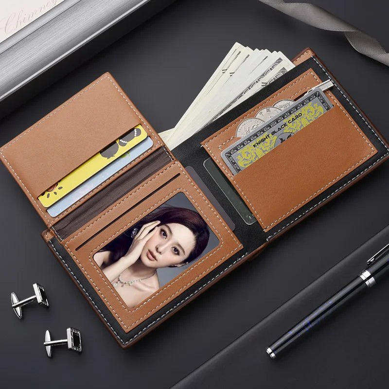 Carteira masculina com estilo europeu e vários compartimentos para cartões com zíper, uma carteira retrô dobrável dupla