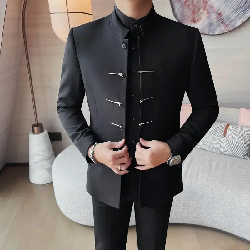 Estilo chinês gola alta terno jaqueta para homens de alta qualidade dos homens fino ajuste casual vestido de casamento social casaco roupas masculinas