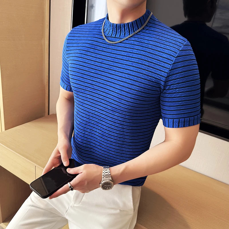 Moda listra impressa t camisas para homens verão casual meia alta pescoço fino ajuste respirável camisetas pullovers roupas masculinas 4xl-m