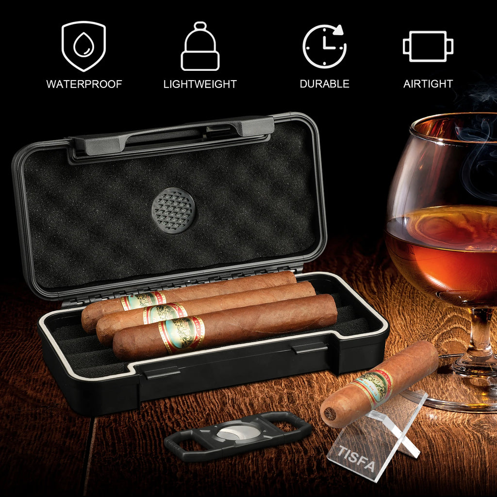 Estojo umidificador de viagem para charutos com cortador de charutos e suporte para charutos, umidificador de charutos portátil, caixa à prova d'água, conjunto de presente para homens